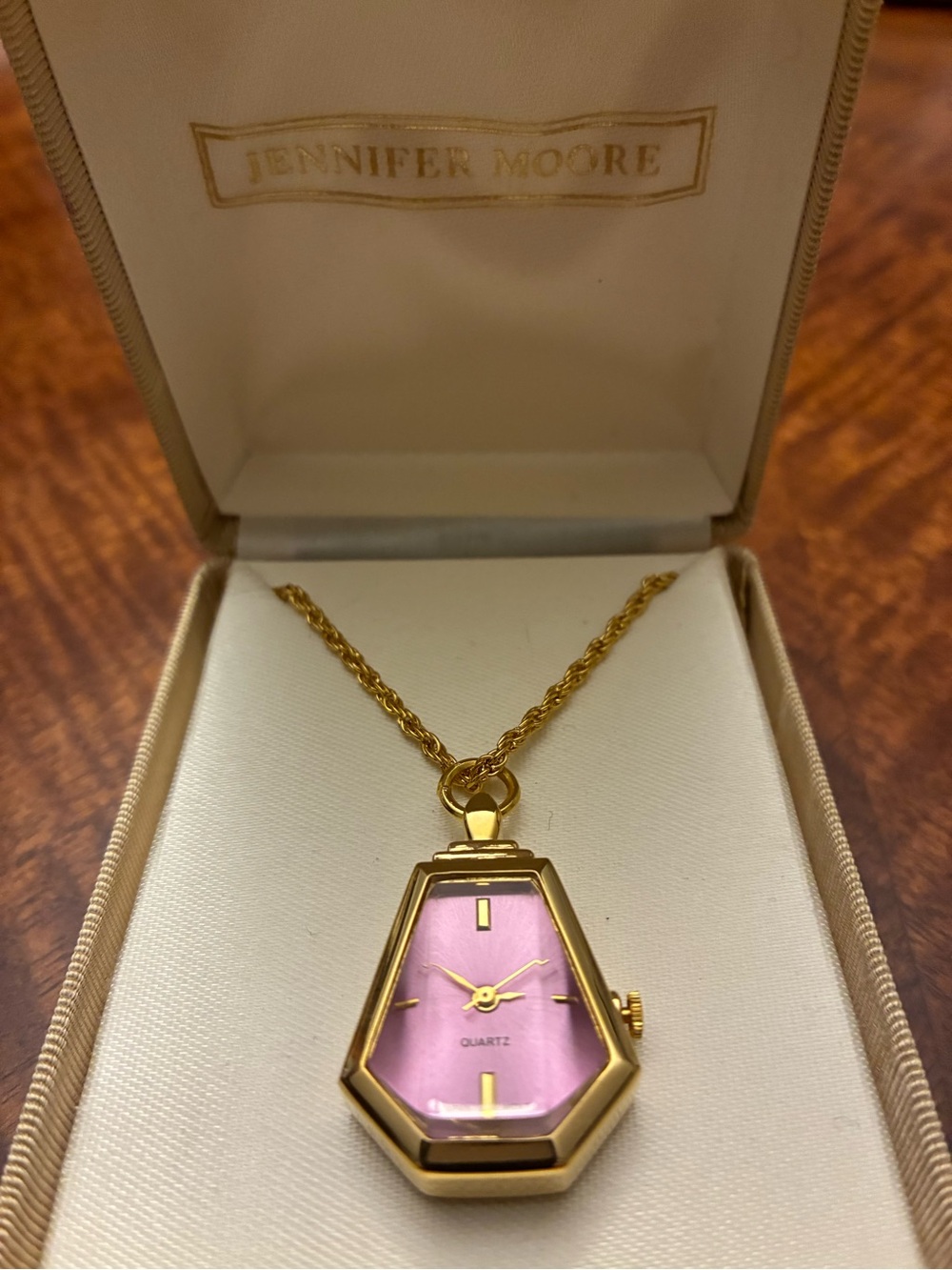 Jennifer Moore Vintage Gold-Tone Faceted Pink Pendant Watch Necklace